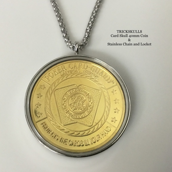 Card Guard Skeleton Skull Enamel Coin Stainless Locket 45-60cm Wheat Link Chain - Picture 2 of 9